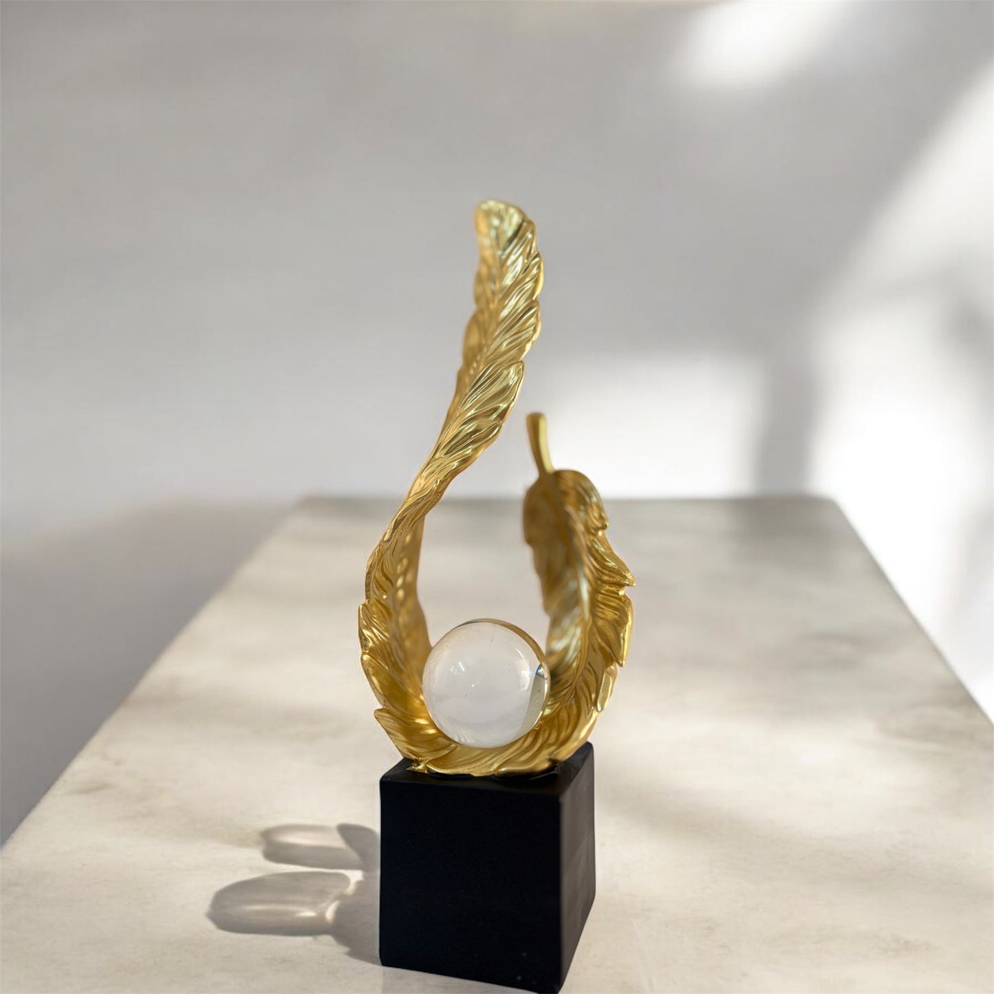 "Golden Feather Showpiece – Elegant home decor accent, luxury tabletop decoration, perfect for modern interiors & gifting – Arishta Home"